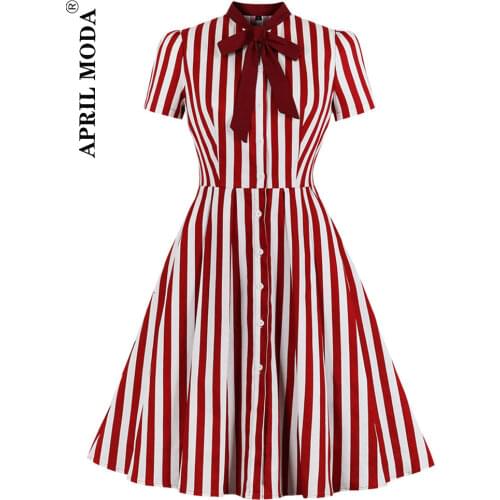 2020 Vintage Striped Midi Dress 50s Retro Rockabilly Women Summer Sundress Bow Collar Elegant Ladies Office Casual Goth Vestidos