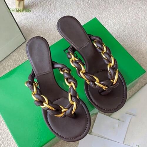 2021 Stylish Womens Heel Flip Flops Gold Chain Decor High Heels Sandals Women Mules Slippers Ladies Summer Shoes 36-40