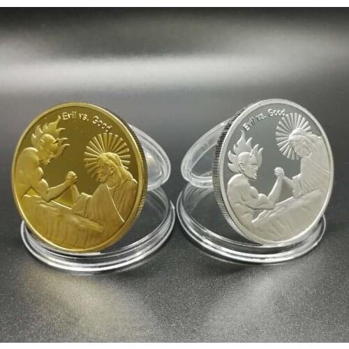 100 pcs Non magnetic The God Jesus Vs Evil Satan Christ cross badge silver gold plated 40 mm religious souvenir decoration coin