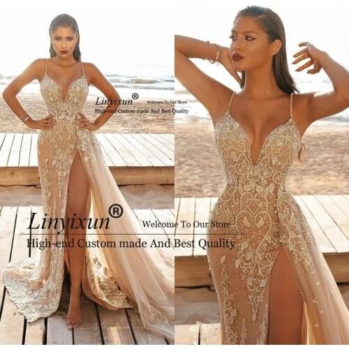 2021 Champagne Mermaid High Split Prom Dresses robes de soirée Spaghetti Straps Lace Beaded Evening Gowns Overskirt Sweep Train