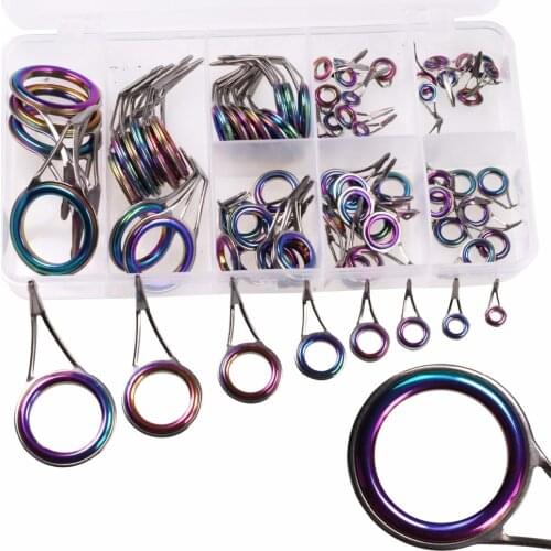 75Pcs Colored Fishing Rod Guides Ring Rainbow Laser Ceramic Ring Metal Single Leg Spinning Fishing Rod Repair Guide #6-#30