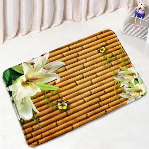 Bamboo Flower Bathroom Mat Lily Green Plant Non-Slip Floor Rugs Flannel Bedroom Door Mats Home Decor Bath Kitchen Doorway Carpet