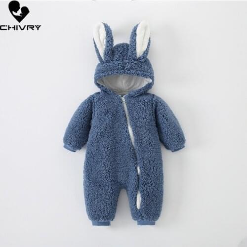Newborn Baby Winter Thick Keep Warm Cashmere Zipper Rompers Infant Boys Girls Rabbit Hooded Jumpsuit Snowsuit Toddler Outwear