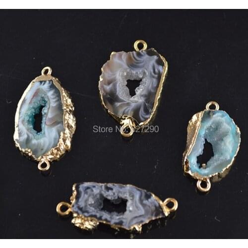 Gold Color Natural Druzy Stone Double Side Connections For Jewelry Making Materials Crystal Geode Pendant 5pc/lot