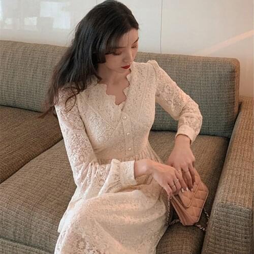 Solid Elegant Fairy Dress Female Office Lady Japanese Style Korean Party Dress Women 2021 Women French Lace Designer Midi Dress