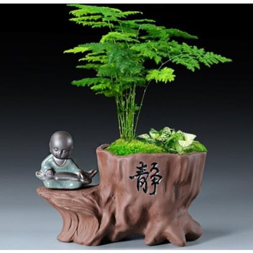 Chinese Purple Clay Flower Pot Ceramic Flowerpot Creative Combination Asparagus Pot Plant Desktop Zen Little Monk Ornaments Pot