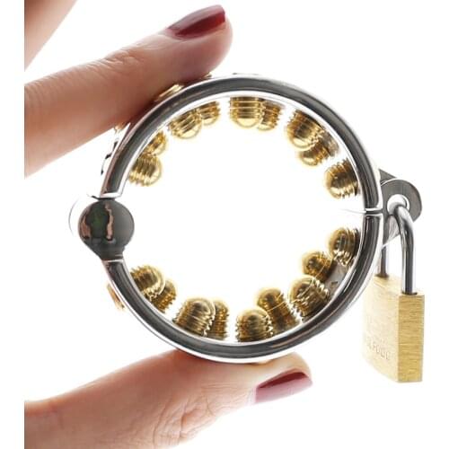 KALIS TEETH Cock Ring with 2 Rows Golden Spikes Tail Scrotum Pendant Chastity Device Kalis teeth For Men Torture devices C050E