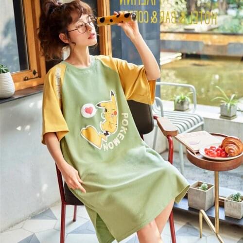 Pikachu Summer Cotton Nightgowns O-neck Cute Cartoon Womens Sleepwear Nightwear Sleep Nightdress Loose Home Dress Fashion