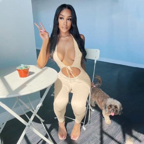 Summer Solid Women Halter Jumpsuit Lace Up Hollow Out Backless Sexy Streetwear Club Sporty Casual Rompers