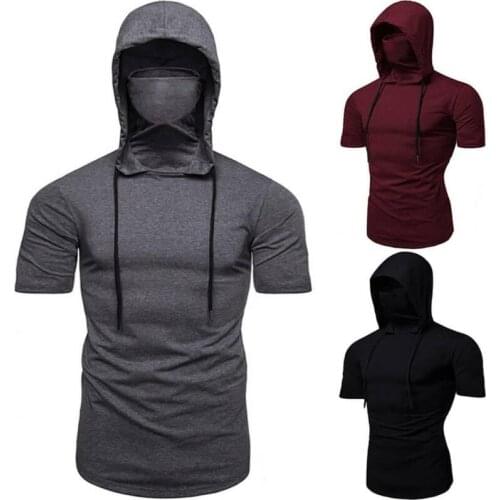 Mens Solid Color Short Sleeve Hoodie T-shirt Tops Pocket Slim Running Muscle Basic Tees