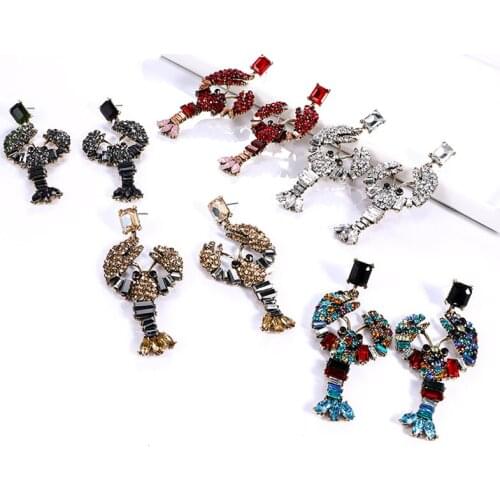 Newest Fashion Jewelry Accessories 5 Colors Animal Series Lobster Shape Rhinestone Glass Drop Hanging Earrinigs for Women