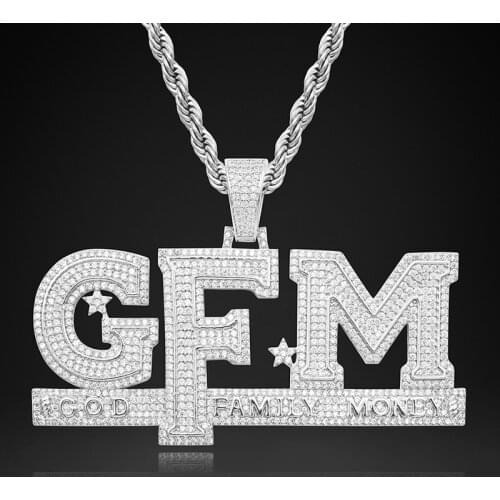 MenS Iced Out Letters GFM Pendant Necklace Bling GOD FAMILY MONEY Full AAA Zircon Charms Necklace Hip Hop Rock Jewelry