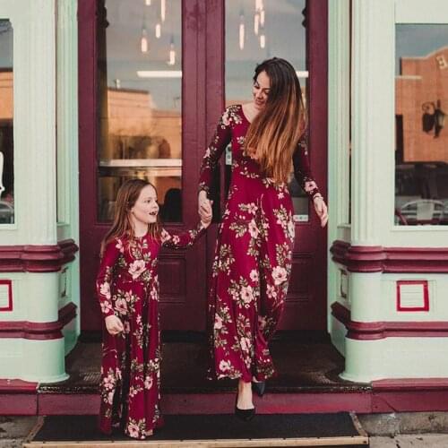 Mommy and Me Dress Baby Girls Clothes Wine Floral Print Vestidos Mom Daughter Dresses Family Matching Clothes Outfits