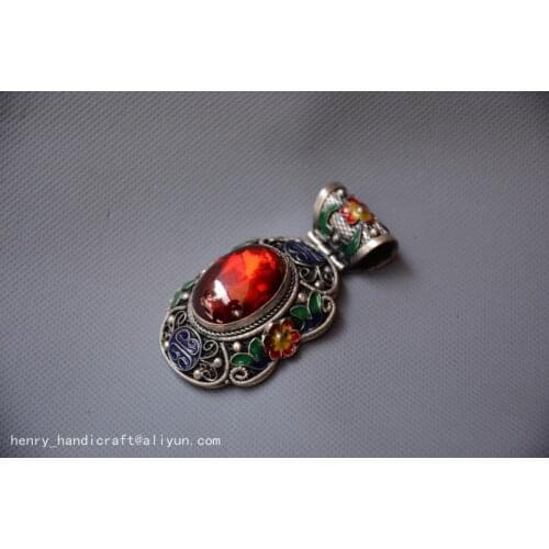 Rare Old Old China Cloisonne &ruby pendantcarved silver Pendant,01,free shipping