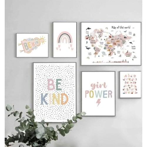 Pink Animal World Map Nordic Posters And Prints Art Nursery Rainbow Quote Canvas Painting Wall Pictures For Kids Room Home Decor