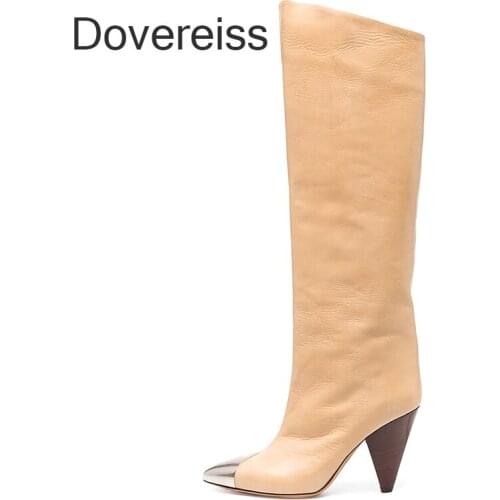 Dovereiss Fashion Womens Shoes Winter New Pointed Toe Sexy White Yellow Slip On Strange Style Heels Knee High Boots 41 42 43