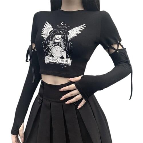 Halloween Goth Girl Sexy Street Print Black T-Shirt Women Belt Long Sleeve Sexy Style Gothic Punk Tops Cute Style