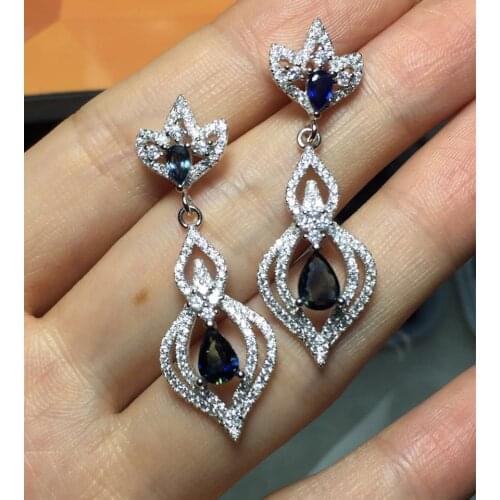 Fashion natural blue sapphire drop earrings Natural gemstone earrings Luxury big water drop long lotus 925 silver female jewelry