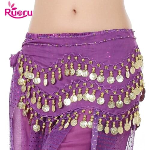 Ruoru Lady Women Belly Dance Hip Scarf 3 Row Belt Skirt with Gold Bellydance Coins Waist Chain Wrap Adult Dance Wear Coin Belt