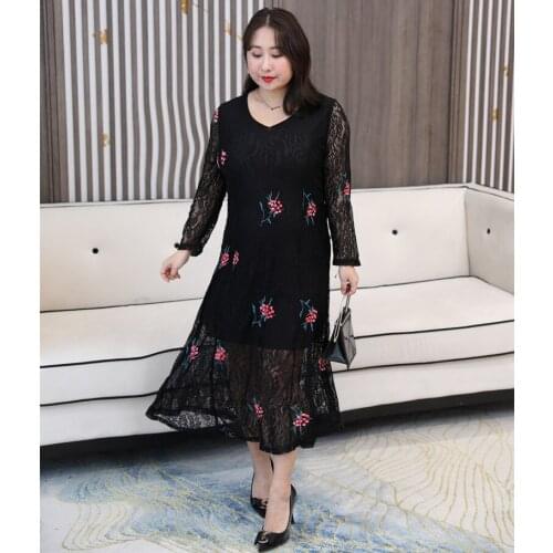Women Lace Dress 4XL To 8XL Plus Size Dress Floral Embroidery Slim Long Maxi Party Dresses TA5513
