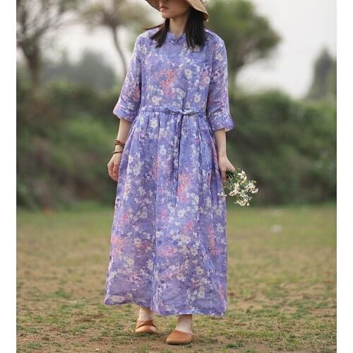 Summer Preppy Long Stand Collar White Flower Print Pure Ramie Linen Dress, Beautiful Digital Wisteria Half Sleeve Floral Robes