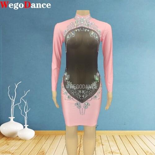 Silver Rhinestone Pink Black Transparent Short Dress Women Latin Dance Show Wear Birthday Bar Prom Dancer