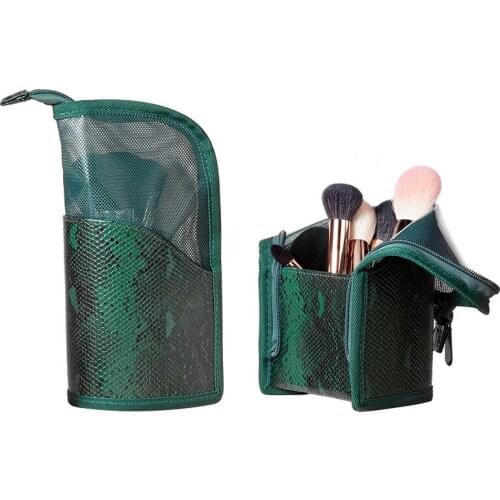 5pcs Make Up Brushes Set with PU Leather Bag Snake Print Large Cosmetic Tool Bag Waterproof Zipper Make Up Bag Travel Washing