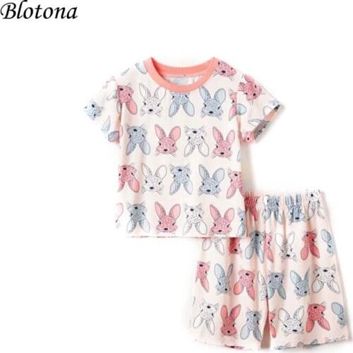 Blotona Kids Toddler Girls Loungewear Set, Short Sleeve Cartoon Bunny Print T-Shirt + Elastic Waist Shorts Easter 2Pcs Set 3-9Y
