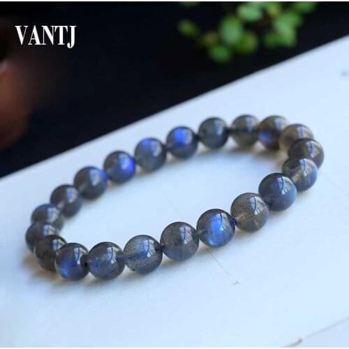 VANTJ Real Natural Blue Labradorite Crystal Round Beads Bracelet Elegant Moonstone For Women Lady Party Birthday Jewelry Gift