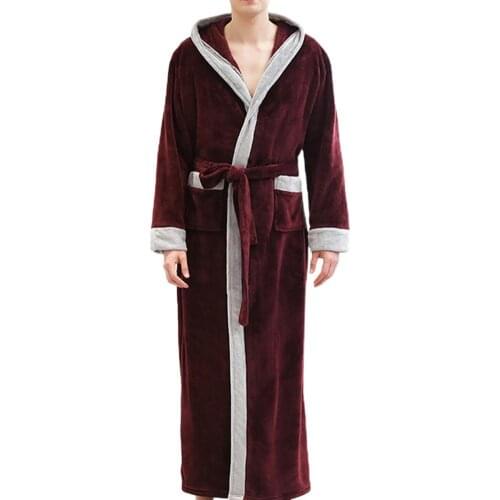 Men Robes 2021 Autumn Winter Flannel Long Sleeve Maxi Bathrobe Pockets Hooded Sleepwear Underwear men clothing пижама мужская