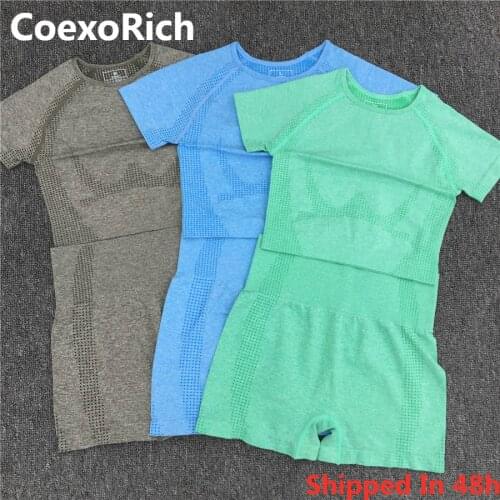 Yoga Set Women Gym Clothes Sport Suit 2 Piece Vital Seamless Fitness Crop Top Short Sleeve Shirt High Waist Shorts Sportswear