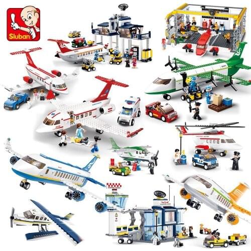 Sluban Airport Passenger Plane Airplane Airfield Sets Repair Station Model Building Blocks Toys Bricks Education Gift for kids
