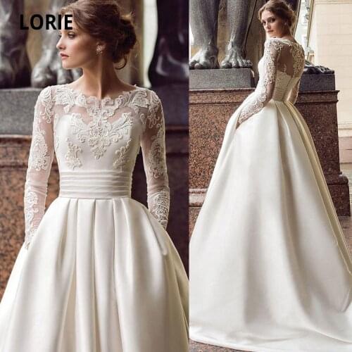 LORIE 2020 Long Sleeve Lace Wedding Dresses Satin Boho Back Button Bridal Gowns A-line Beach Princess Party Gowns with Pockets