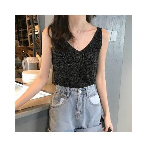 Japan Version Slim Knitted Camisole Vest Womens Summer Slimming V-neck Bright Silk Bottoming Shirt Tank Top