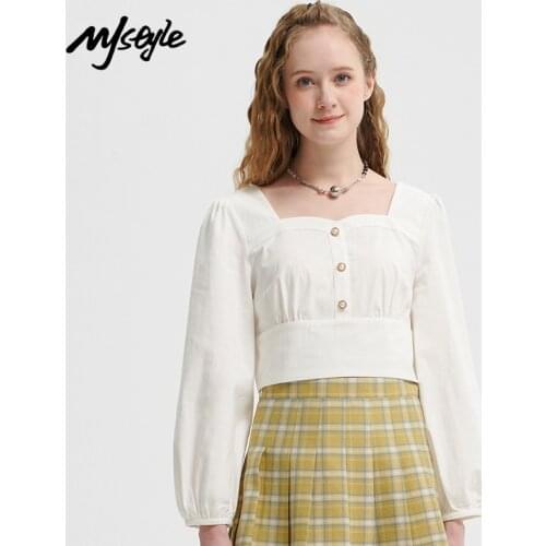 MJstyle Vintage Elegant Tops Women Shirt Solid Long Sleeve Korean Style White Square Neck High Waist Blouses Blusas 521310029