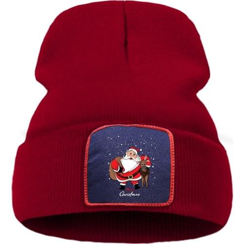 Christmas Print With Deer And Santa In Snow Mens Knit Hat Outdoor Warm Ski Hats For Women Autumn Sofe Cotoon Man Winter Caps