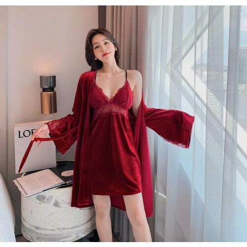 Sexy Women 2PCS Nighty&robe Set Velvet Sleepwear Casual Lace Hollow Out Nightdress Soft Kimono Bath Gown Autumn New Home Clothes
