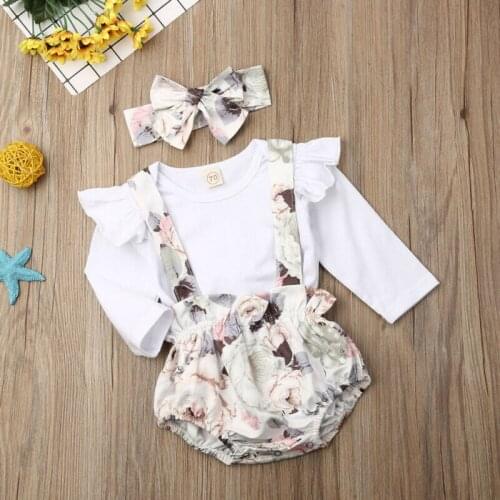 New arrival Infant Baby Girl Clothes Long Sleeve Tops Romper Flower Bib Shorts Outfit Set
