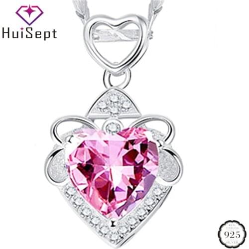 HuiSept Silver 925 Necklace Jewelry Heart-shape Sapphire Amethyst Zircon Gemstone Pendant Romantic Wedding Party Gift for Women