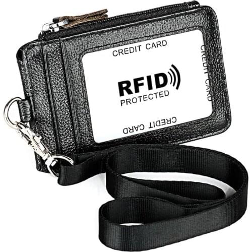 Portable Genuine Leather RFID Blocking Business Lanyard Purse Wallet ID Card Credit Holder
