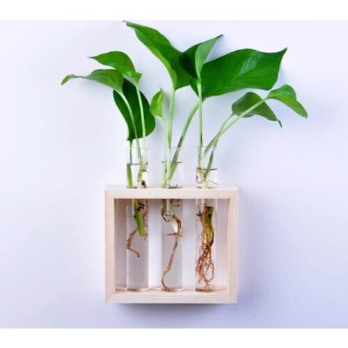 Crystal Glass Vase Test Tube Pattern with Wooden Frame Wooden Stand / Pipe Brush, Wall Decoration For flower plants