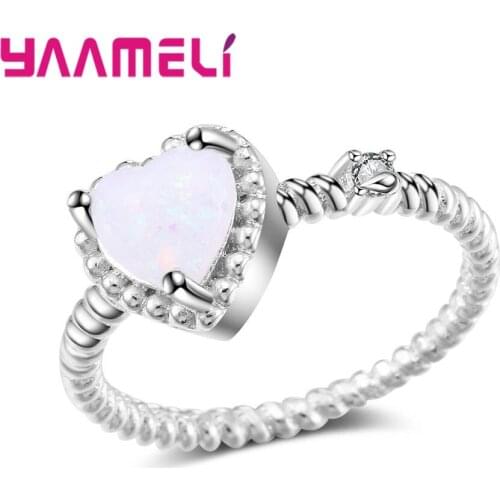 Forever Love Romantic Wedding Band Ring 925 Sterling Silver 3 Prong Heart White&Pink Fire Opal Sparkling Rings