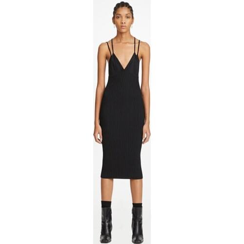 XLLAIS Sexy Women Deep V-Neck Backless Dresses Knitting Sleeveless Black Maxi Robe Fashion Double Strap Club Vestidos