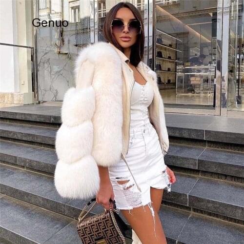 Faux Fox Fur Coats with Faux Sheepskin Fake Leather Fluffy Fox Fur Jacket Outerwear Luxury Womens Thick Warm Overcoat Winter