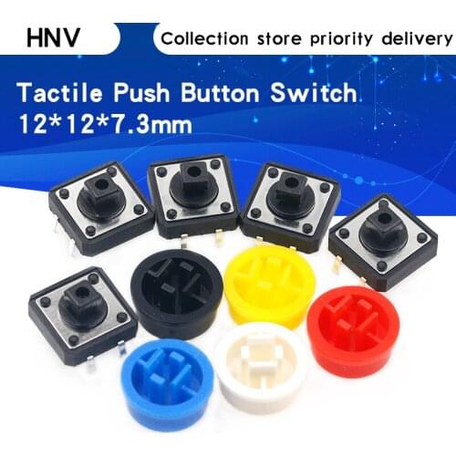 25PCS Tactile Push Button Switch Momentary 12*12*7.3MM Micro switch button + 25PCS Tact Cap(5 colors) for Arduino Switch