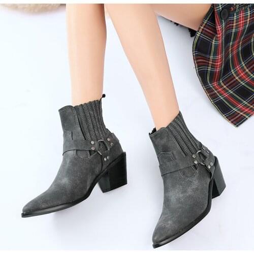 Brand fashion embossed PU leather women ankle boots pointed toe western cowboy boots Buckle wedges boots Female Zapatos Mujer