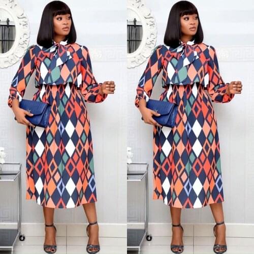 Dashiki for Women Printed Dresses Mid-Calf Long Lantern Sleeves Pleated Bowtie Collar Elastic Waist African Traditional Female