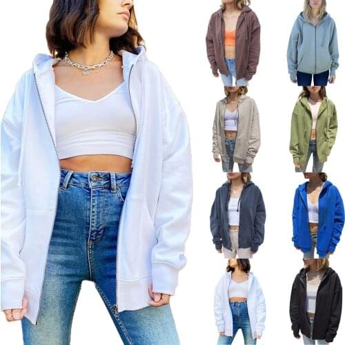 Women Casual Long Sleeve Zip Up Hoodies Sweatshirts Solid Color Loose Drawstring Hooded Sweatshirts with Pockets