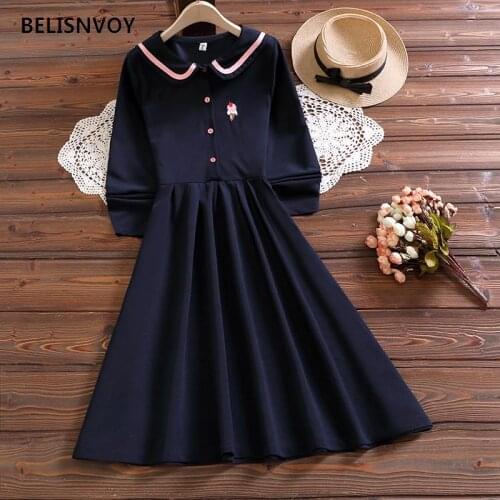2021 Mori Girl Spring Autumn Women Dress Sailor Collar Navy Blue Femininos Vestidos Flare Sleeve Embroidery Elegant Sweet Dress