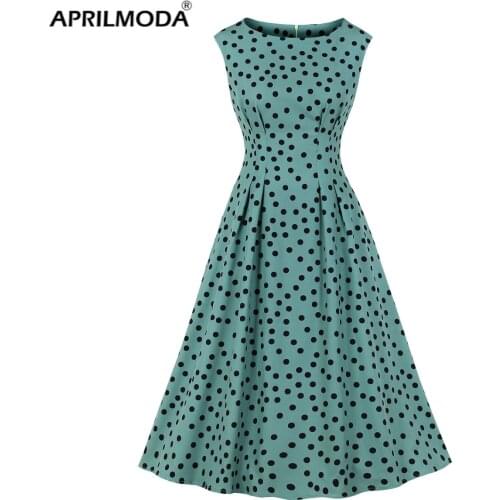 Sleeveless Women Party Dress 50s 60s Retro Vintage Pin Up Polka Dot Printed Boho Beach Rockabilly Swing Pleated Dress Vestidos